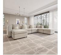 Canapé d’angle panoramique 7 places en tissu, modulable avec méridienne et pouf, grand sofa scandinave moderne salon séjour gris