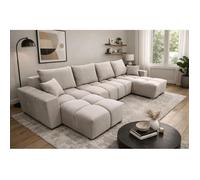Canapé d’angle panoramique convertible COLINIA effet nuage en tissu beige - 6 places - 325 cm