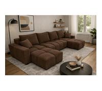 Canapé d’angle panoramique convertible COLINIA effet nuage en tissu marron - 6 places - 325 cm