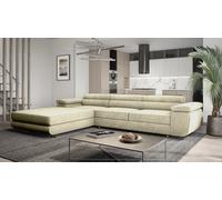 Canapé d'angle 280 cm Sorlo Twin - Canapé avec fonction sommeil - ottomane gauche indépendante, appuie-têtes réglables - Canapé d'angle avec coffre de rangement, canapé en L - tissu velours (Beige - M