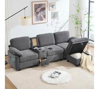 Canapé d'angle 3 places avec port USB-C,canapé 3 places relax en velours avec accoudoir central amovible, deux porte-gobelets et espace de rangement, poches latérales (Gris foncé + Velours côtelé- 2)