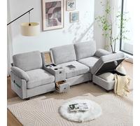 Canapé d'angle 3 places avec port USB-C,canapé 3 places relax en velours avec accoudoir central amovible, deux porte-gobelets et espace de rangement, poches latérales (Gris clair + Velours côtelé- 2)