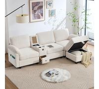 Canapé d'angle 3 places avec port USB-C,canapé 3 places relax en velours avec accoudoir central amovible, deux porte-gobelets et espace de rangement, poches latérales (Beige + Velours côtelé- 2)