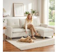 Canapé d'angle 3 places convertible avec pouf de rangement, 210 cm, tissu aspect lin, crème