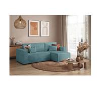 Canapé d'angle 3 places convertible réversible CLARISSE avec coffre en velours côtelé- Bleu clair - L269 x P159 x H89cm - LOUNGITUDE