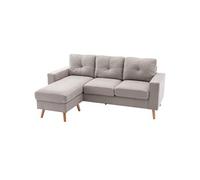 Canapé d'angle 3 places design scandinave - dossier effet capitonné, repose-pied amovible - piètement bois tissu gris clair