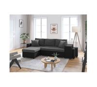 LOUNGITUDE - Canapé d'angle réversible Convertible avec Coffre et 2 poufs en Microfibre et Simili - Noir/Gris - 3 + 2 Places