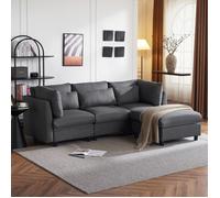 Canapé d'Angle 4 Places avec Pouf Mobile et Grands Coussins - TCQPZ - Dossier Haut, Lin Gris, 220 × 83 × 81 cm