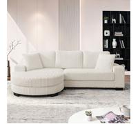 Canapé d'angle 4 places avec pouf ovale réversible - YEAVIO - 2 coussins, velours côtelé beige 256,5 × 133,5 × 89 cm