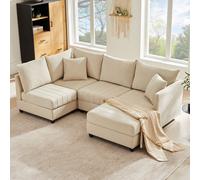 Canapé d'angle 5 places Merax, Canapé-lit avec pouf convertible 1 pièce, Canapé modulable en L/U Canapé rembourré en coton lin, Beige