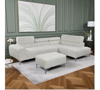 Canapé d'angle à droite avec pouf en tissu bouclette blanc - COMET