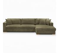 Canapé d'angle à Droite Convertible 5 Places Robin Velours Côtelé Vert Kaki 287x167x76 cm Coffre Rangement