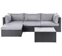 Canapé d'Angle à Droite de Jardin en Rotin Synthétique avec Table Basse Carré et Coussins Modulable Gris Noir Sano