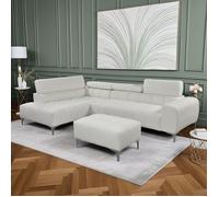 Canapé d'angle à gauche avec pouf en tissu bouclette blanc - COMET