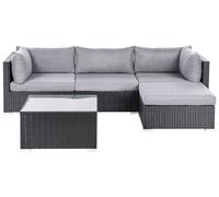 Canapé d'Angle à Gauche de Jardin en Rotin Synthétique avec Table Basse Carré et Coussins Modulable Gris Noir Sano
