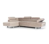 Menzzo Canapé d’Angle Alfa Velours Taupe - 5 Places avec Têtières Relevables - Canapé Design Moderne Confortable pour Salon Contemporain