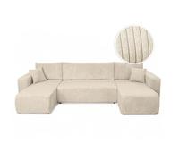 Canapé d'angle ALYA panoramique convertible 6 places en velours cotelé - Beige
