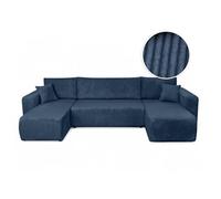 Canapé d'angle ALYA panoramique convertible 6 places en velours cotelé - Bleu