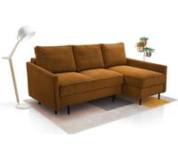 Canapé d'angle avec fonction sommeil - POSO Canapé en velours côtelé, zone de couchage 145x203cm, Confortable avec coussins de dossier Coffre de rangement pour literie, Disposition d'angle DROITE, 220