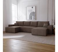 Canapé d'angle Bergamo en U avec fonction sommeil - Canapé d'angle 375 cm avec coffre de lit, tissu velours côtelé brun (Poso 04)