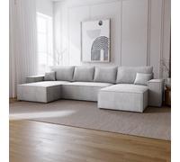 Canapé d'angle Bergamo en U avec fonction sommeil - Canapé d'angle 375 cm avec coffre de lit, tissu velours côtelé gris clair (Poso 55)