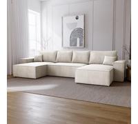 Canapé d'angle Bergamo en U avec fonction sommeil - Canapé d'angle 375 cm avec coffre de lit, tissu velours côtelé beige (Poso 105)