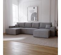 Canapé d'angle Bergamo en U avec fonction sommeil - Canapé d'angle 375 cm avec coffre de lit, tissu velours gris (Poso 115)