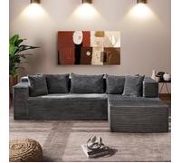 Canapé d'angle compact - LUNSY - 269x175x62 cm - Gris - Tissu velours côtelé - Modulaire - Montage sans outils