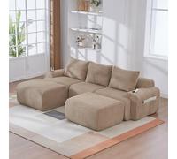 Canapé d'angle convertible 268 cm canapé 5 places avec 2 Porte-gobelets,poches,canapé modulable en velours côtelé en forme de U, canapé compressé pour salon,combinable librement avec 2 repose-pied