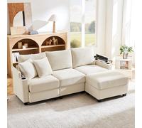Canapé d'angle convertible 3 places en forme de L avec repose-pieds, porte-gobelet, chargeur USB, repose-accoudoirs et 2 coussins, convient pour salon, bureau, appartement (beige)