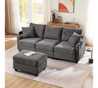 Canapé d'angle convertible 3 places en forme de L avec repose-pieds, porte-gobelet, chargeur USB, repose-accoudoirs et 2 coussins, convient pour salon, bureau, appartement (gris)