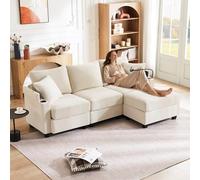 Canapé d'angle convertible 3 places en forme de L avec repose-pieds, porte-gobelet, chargeur USB, repose-accoudoirs et 2 coussins, convient pour salon, bureau, appartement, beige