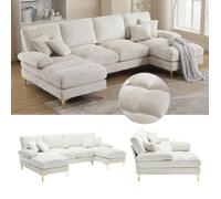 Canapé d'angle convertible 4 places, 272x136x88cm, Canapé avec grands coussins d'assise et dossier, Tissu velours teddy, Beige