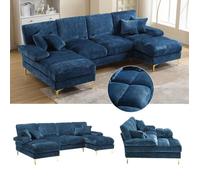 Canapé d'angle convertible 4 places, 272x136x88cm, Canapé avec grands coussins d'assise et dossier, Tissu velours teddy, Bleu
