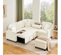 Canapé d'angle convertible 4 places - avec pouf coffre, USB et lampe - en chenille beige - 205 × 205 × 85 cm