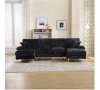 Canapé d'angle convertible 4 places, Canapé avec grands coussins d'assise et dossier, 272x136x88cm, Tissu velours teddy, Noir