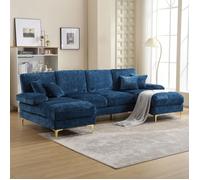 Canapé d'angle convertible 4 places, Canapé avec grands coussins d'assise et dossier, 272x136x88cm, Tissu velours teddy, Bleu