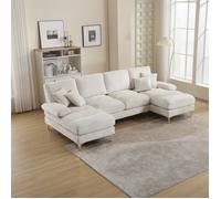 Canapé d'angle convertible 4 places, Canapé avec grands coussins d'assise et dossier, 272x136x88cm, Tissu velours teddy, Beige