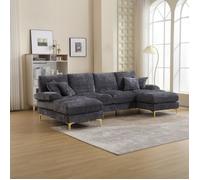 Canapé d'angle convertible 4 places, Canapé avec grands coussins d'assise et dossier, 272x136x88cm, Tissu velours teddy, Gris