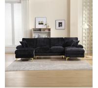 Canapé d'angle convertible 4 places, Canapé avec grands coussins d'assise et dossier, 272x136x88cm, Tissu velours teddy, Noir