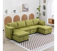 Canapé d'angle Convertible 6 Places en Lin de Seyakany, Canapé panoramique Modulable en U avec Rangement, Vert, 140 x 280 x 85 cm