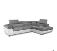 Canapé d'angle convertible Antoni avec têtières relevables angle à droite simili Blanc et tissus Gris clair