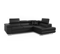 Menzzo Canape Convertible d’Angle Simili Noir | Pieds chromés | Canape Lit avec têtière relevable| Large Accoudoir et Coussins Moelleux | Assise Confortable | L275 x P202 x H90 cm