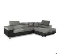 Canapé d'angle convertible Antoni avec têtières relevables Simili Noir et Tissu Gris foncé