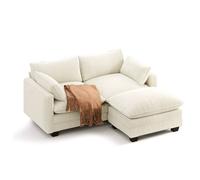 Canapé d'angle Convertible - Bealife - 1 Pouf Amovible - 3 Places - 2 Coussins - Droit - Velours Côtelé Beige - Scandinave