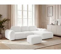 Canapé d'angle convertible coffre grande méridienne MONTAIGNE tissu bouclette avec pouf blanc angle droit BOBOCHIC 3 places Angle droit Blanc