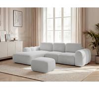 Canapé d'angle convertible coffre grande méridienne MONTAIGNE tissu bouclette avec pouf gris clair angle gauche BOBOCHIC 3 places Angle gauche Gris clair