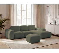 Canapé d'angle convertible coffre grande méridienne MONTAIGNE tissu bouclette avec pouf vert angle droit BOBOCHIC 3 places Angle droit Vert