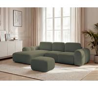 Canapé d'angle convertible coffre grande méridienne MONTAIGNE tissu bouclette avec pouf vert angle gauche BOBOCHIC 3 places Angle gauche Vert