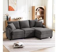 Canapé d'angle convertible en Forme de L, Canapé convertible 4 places avec USB et rangement, Chaise Longue avec porte gobelet et rangement d'accoudoir, Fauteuil rembourré en Velours côtelé Gris foncé